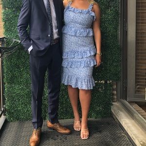 Adorable tiered blue floral dress perfect for a wedding guest!